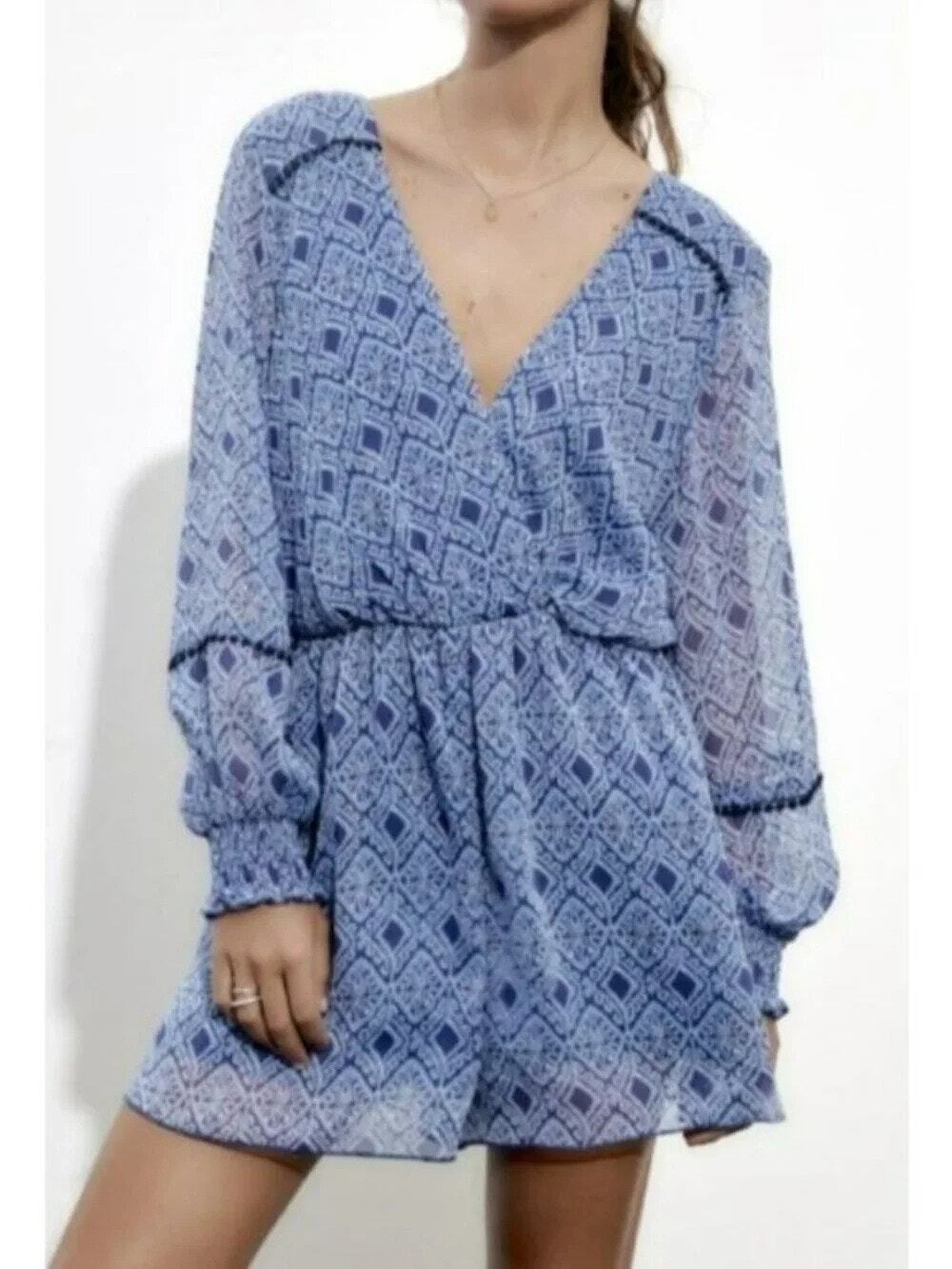 Zara Blue Mediterranean Print Long Sleeve Crochet Trim Faux Wrap Romper M